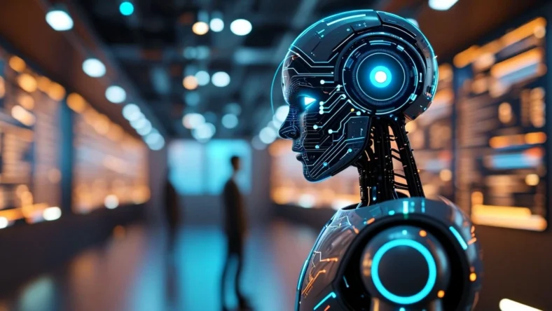 humanoid looks on with a human in the distance