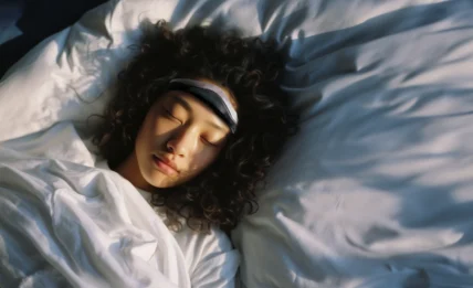 woman wears a somnee sleep headband