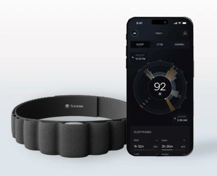 Somnee headband next to a smartphone